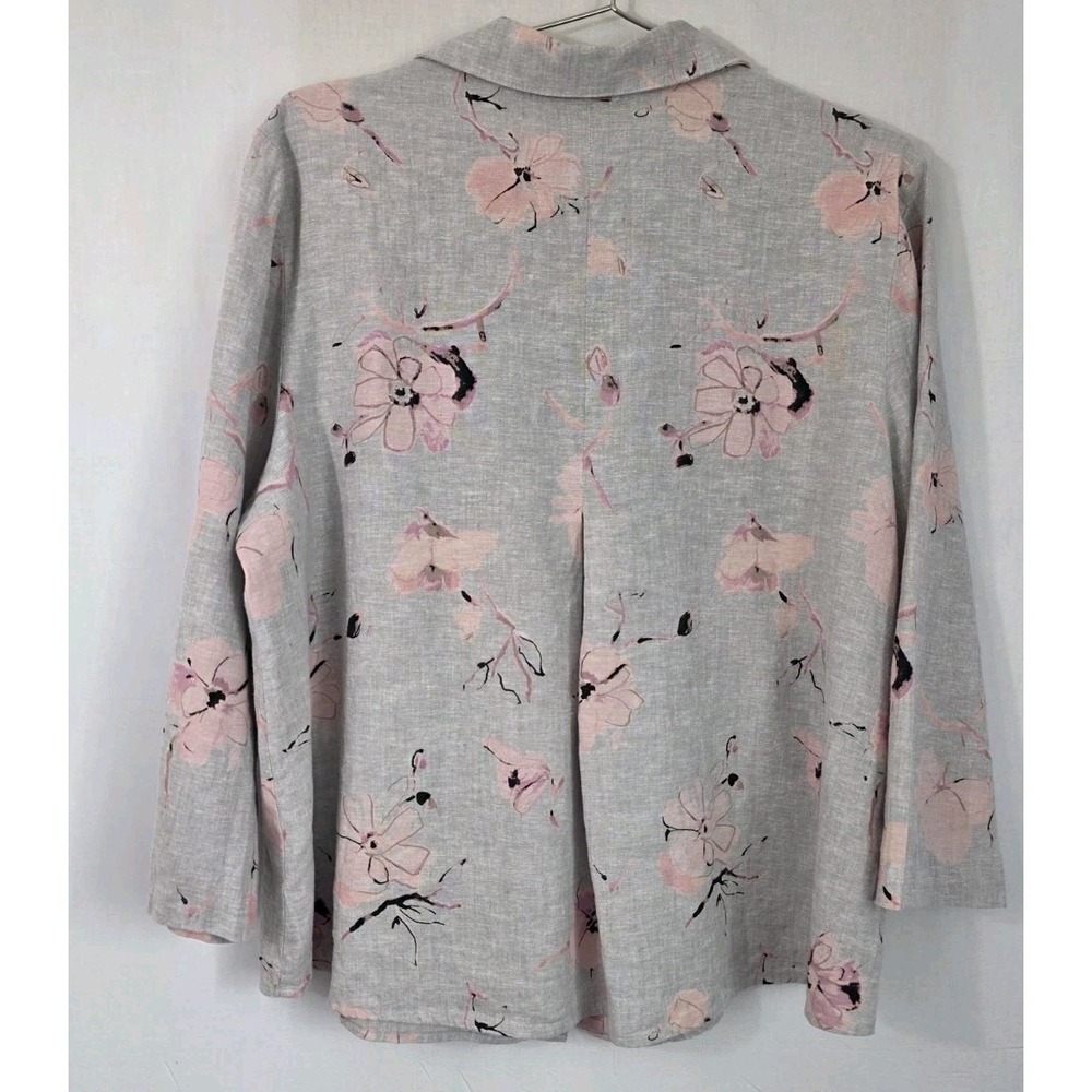 Habitat Button Up L Heavier Weight Linen Gray Pink Floral Resort Dressy Feminine - Picture 2 of 9